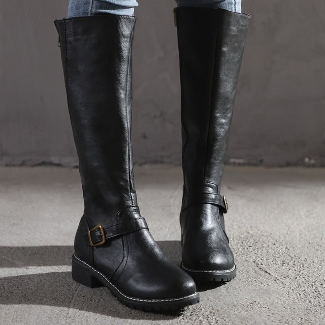 Women's Knee High Boots with Buckle Strap Zipper and Lug Sole - Image 3