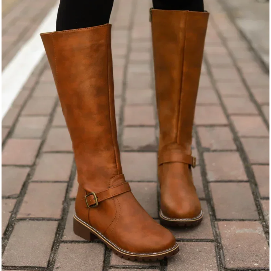 Women's Knee High Boots with Buckle Strap Zipper and Lug Sole - Image 4