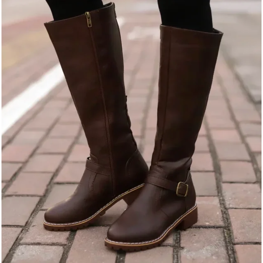 Women's Knee High Boots with Buckle Strap Zipper and Lug Sole - Image 5