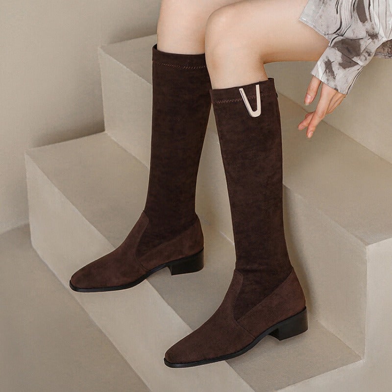 Women's Knee High Boots with Faux Suede Slip-On and Low Block Heel - Image 2