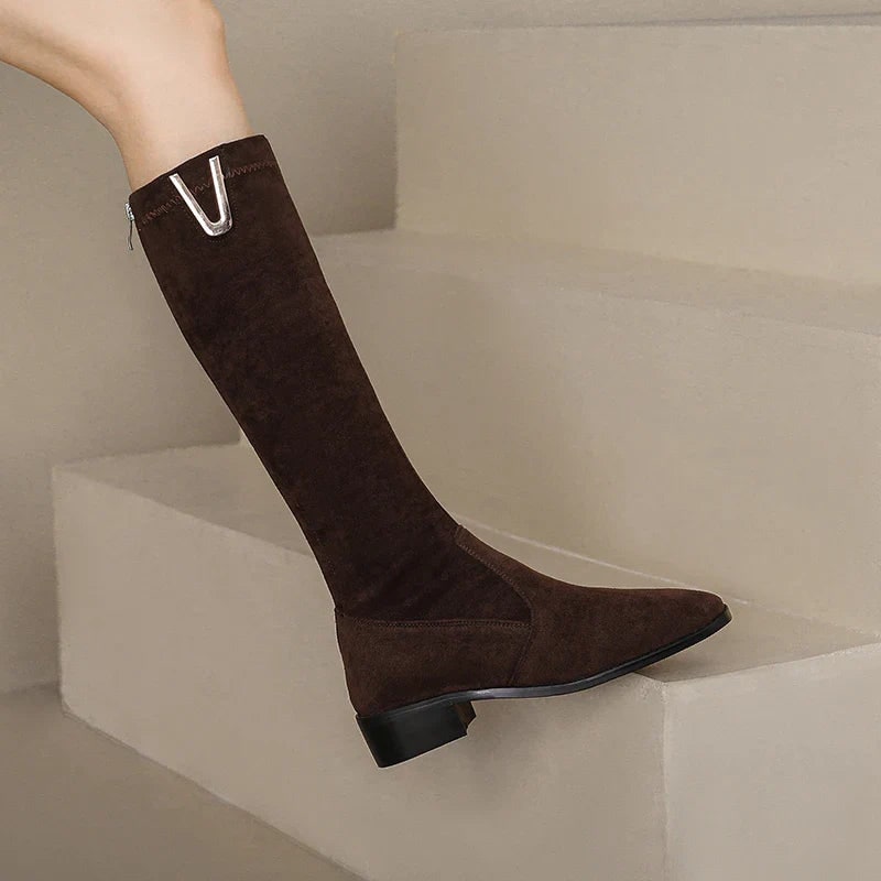 Women's Knee High Boots with Faux Suede Slip-On and Low Block Heel - Image 3
