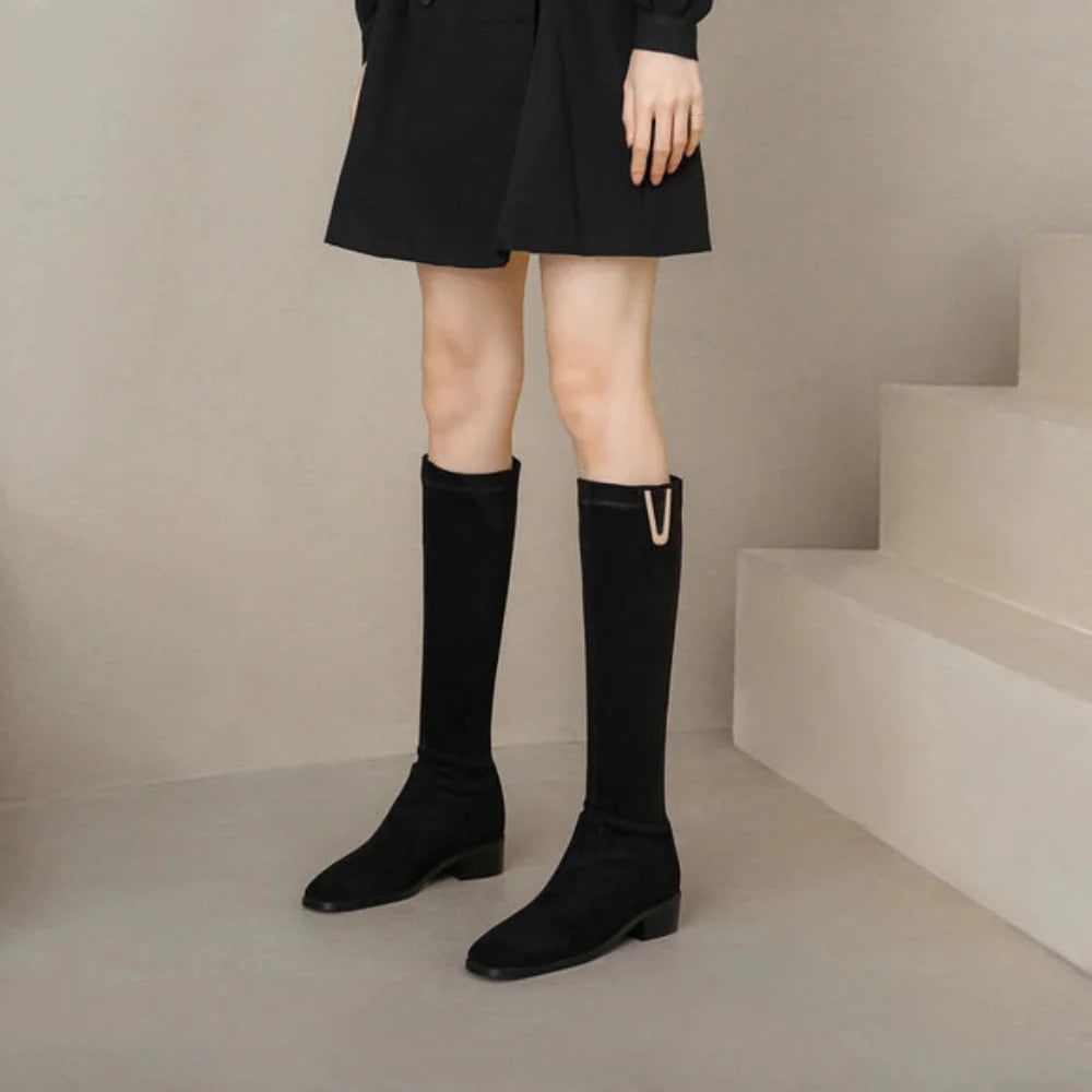 Women's Knee High Boots with Faux Suede Slip-On and Low Block Heel - Image 4