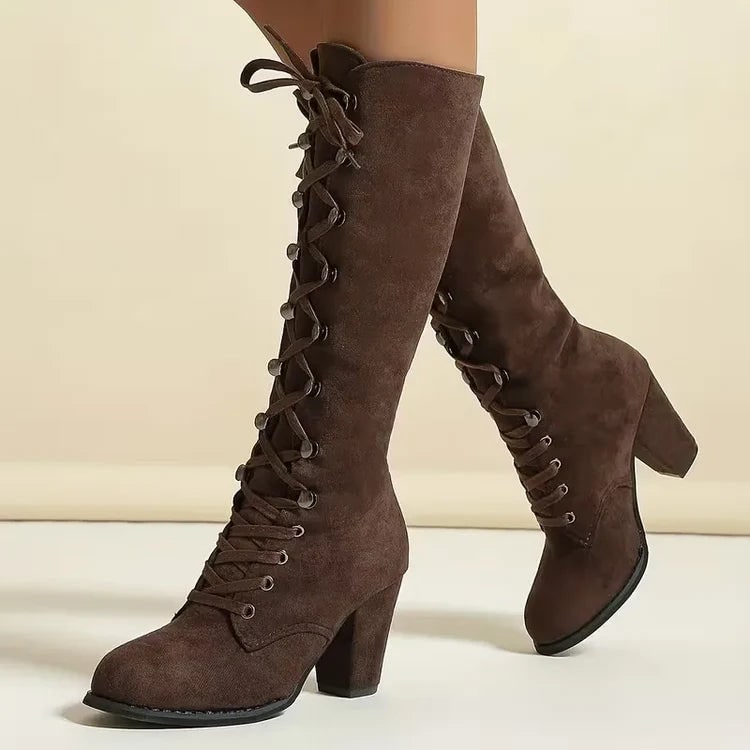 Women's Knee High Boots with Lace Up Front and Block Heel Faux Suede - Image 1
