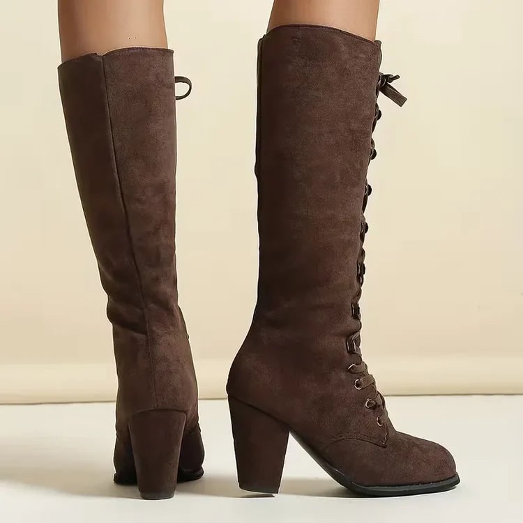 Women's Knee High Boots with Lace Up Front and Block Heel Faux Suede - Image 3