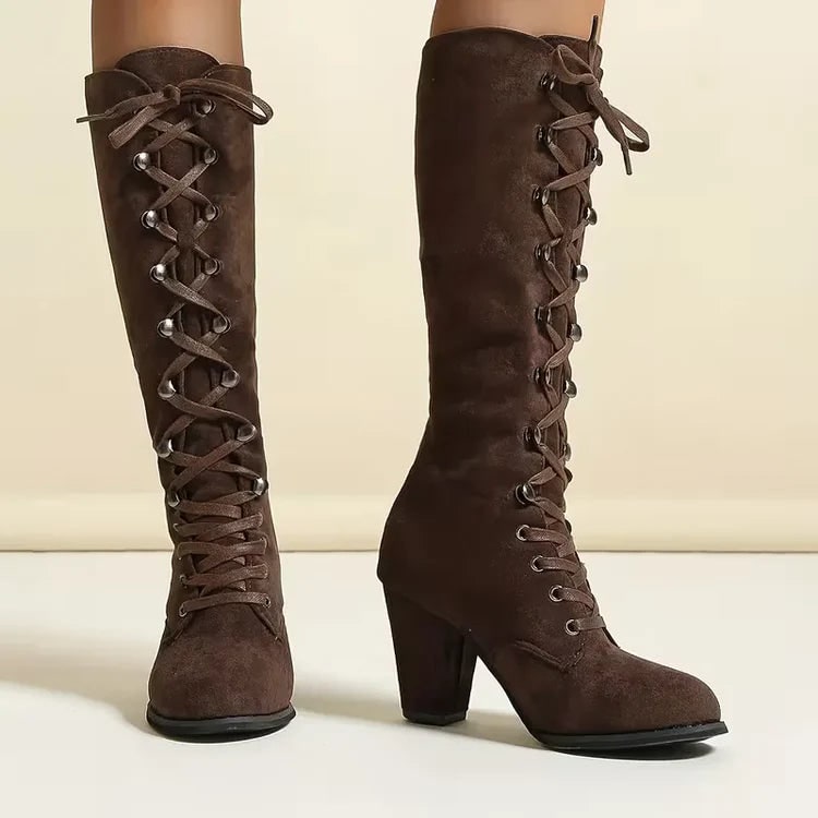 Women's Knee High Boots with Lace Up Front and Block Heel Faux Suede - Image 4