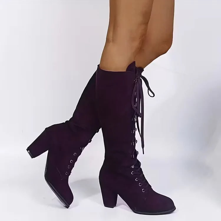 Women's Knee High Boots with Lace Up Front and Block Heel Faux Suede - Image 8