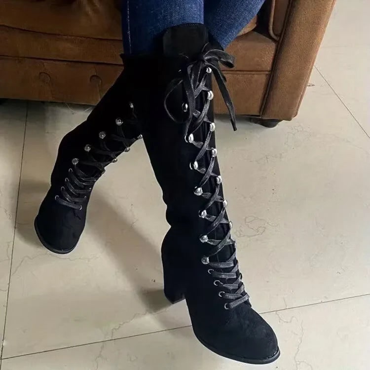 Women's Knee High Boots with Lace Up Front and Block Heel Faux Suede - Image 9