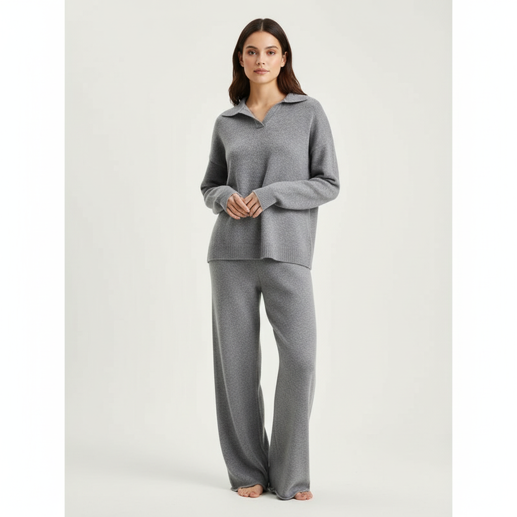 Women's Knit Loungewear Set with Polo Collar and Wide Leg Pants - Image 10
