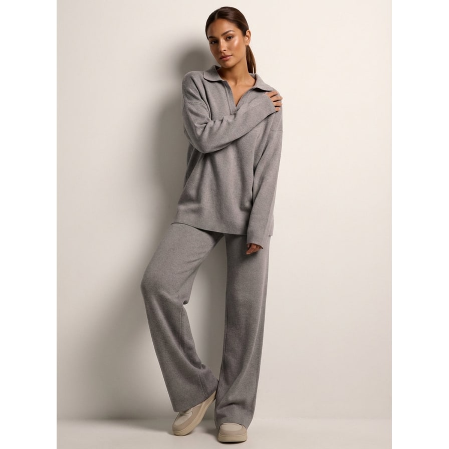 Women's Knit Loungewear Set with Polo Collar and Wide Leg Pants - Image 11