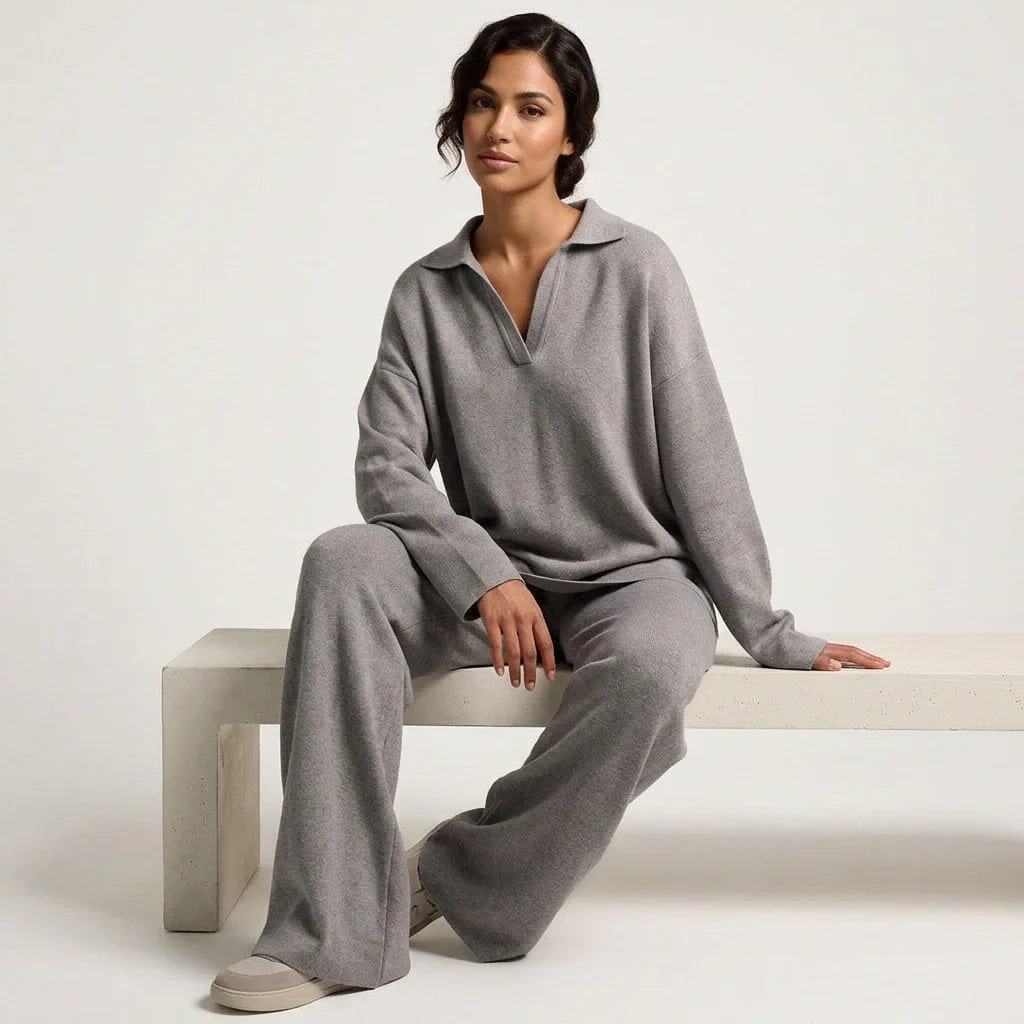 Women's Knit Loungewear Set with Polo Collar and Wide Leg Pants - Image 12