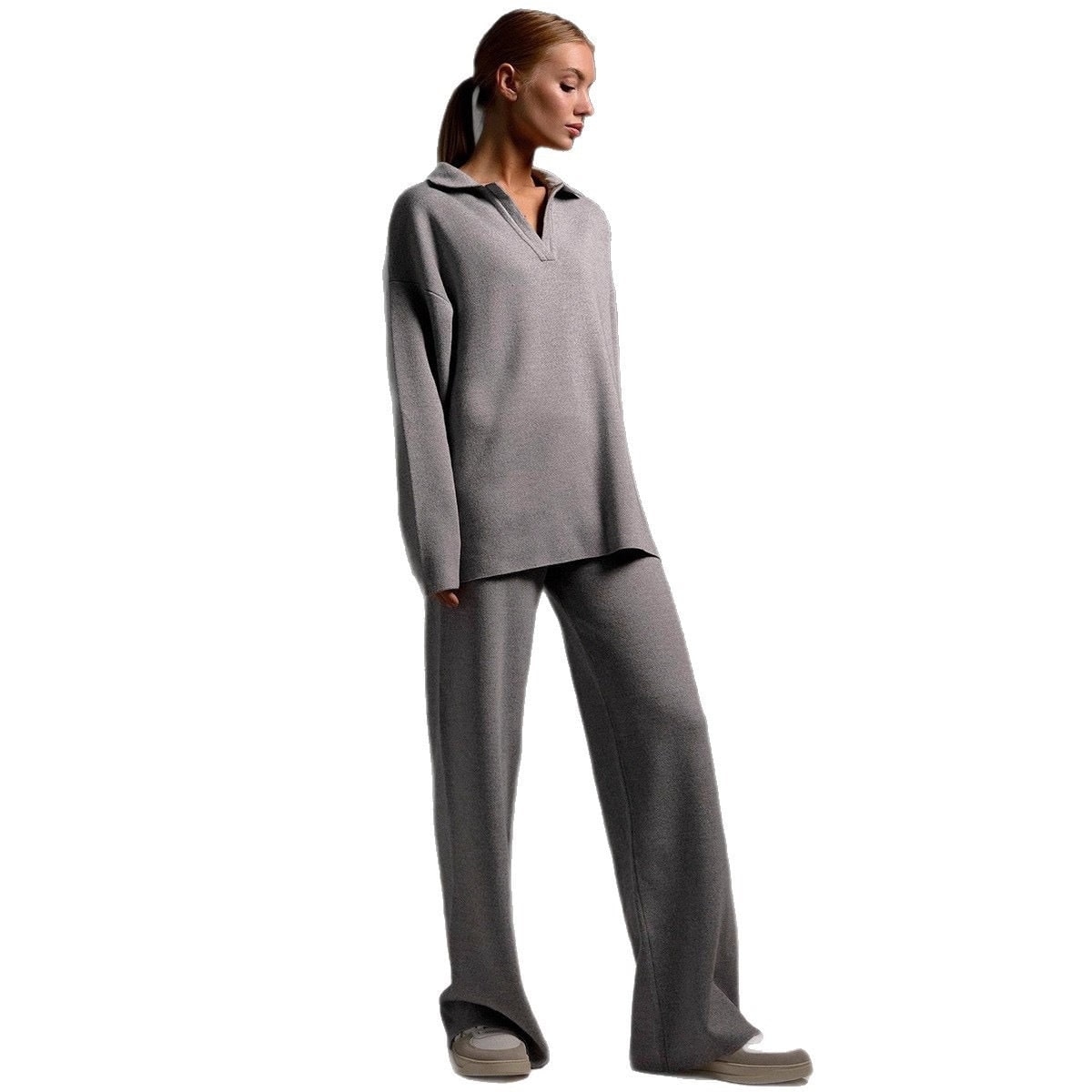 Women's Knit Loungewear Set with Polo Collar and Wide Leg Pants - Image 13