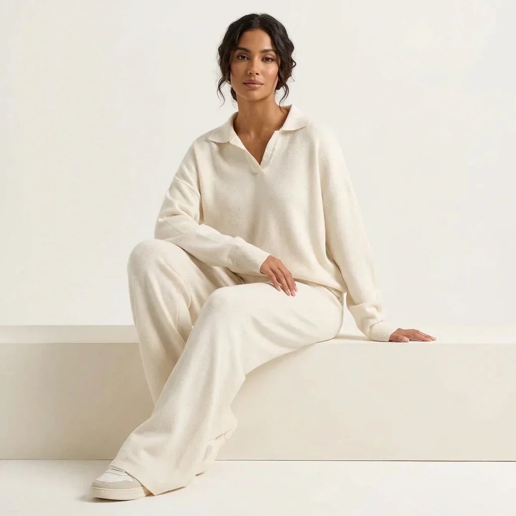 Women's Knit Loungewear Set with Polo Collar and Wide Leg Pants - Image 2