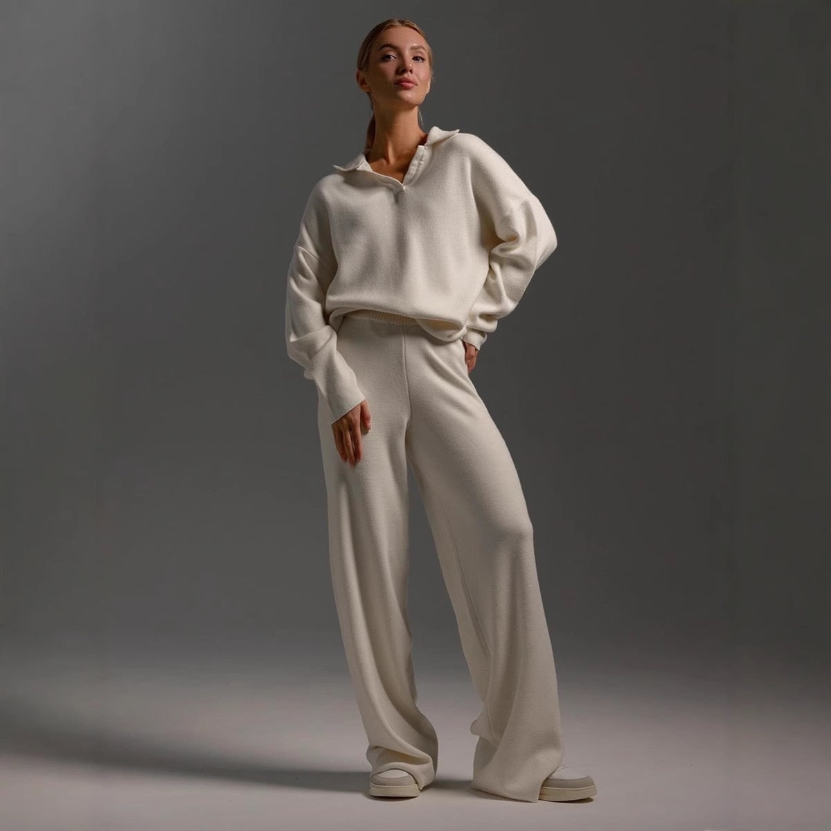 Women's Knit Loungewear Set with Polo Collar and Wide Leg Pants - Image 3