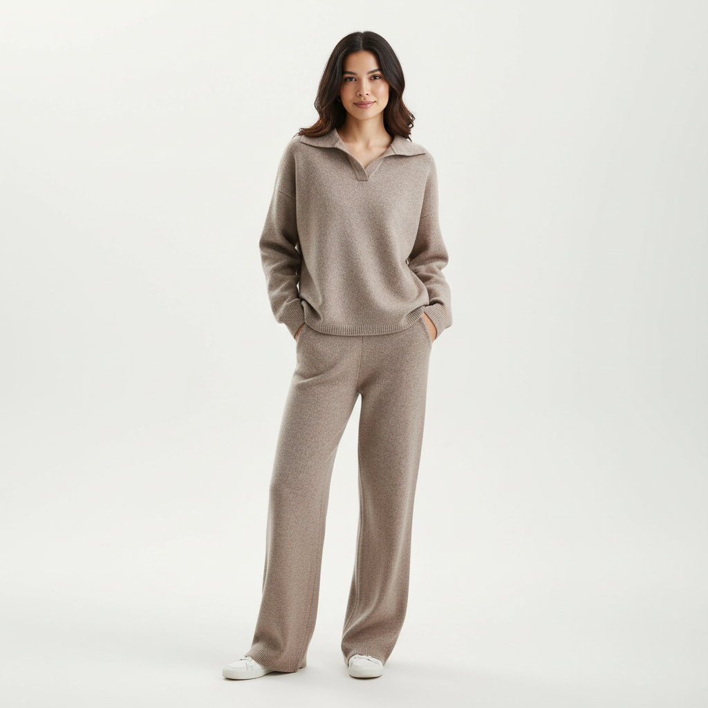 Women's Knit Loungewear Set with Polo Collar and Wide Leg Pants - Image 4