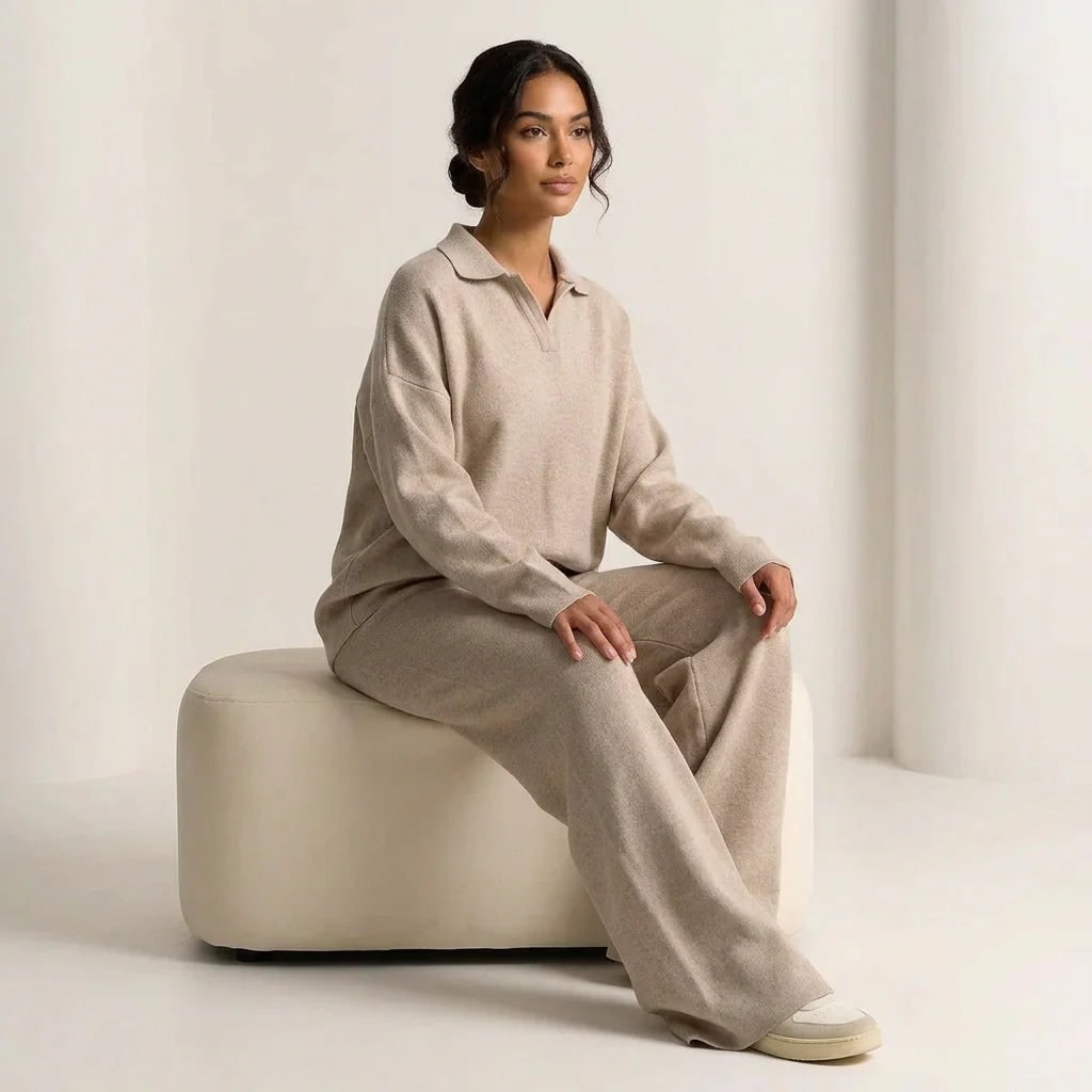 Women's Knit Loungewear Set with Polo Collar and Wide Leg Pants - Image 5