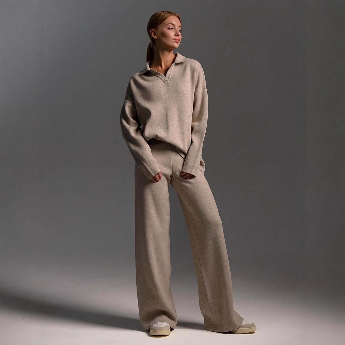 Women's Knit Loungewear Set with Polo Collar and Wide Leg Pants - Image 6
