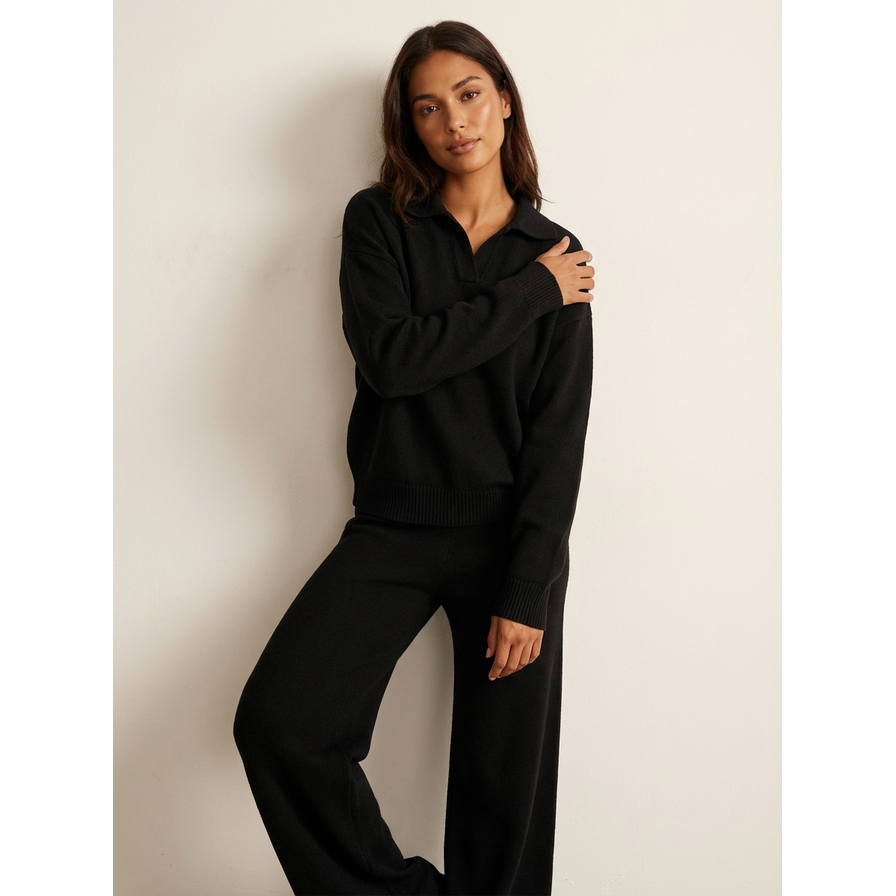 Women's Knit Loungewear Set with Polo Collar and Wide Leg Pants - Image 7