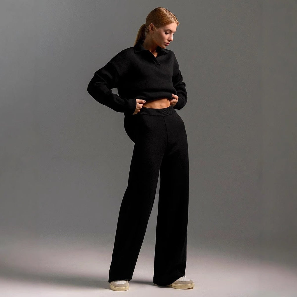 Women's Knit Loungewear Set with Polo Collar and Wide Leg Pants - Image 8
