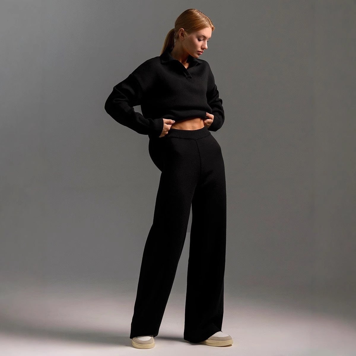 Women's Knit Loungewear Set with Polo Collar and Wide Leg Pants - Image 8