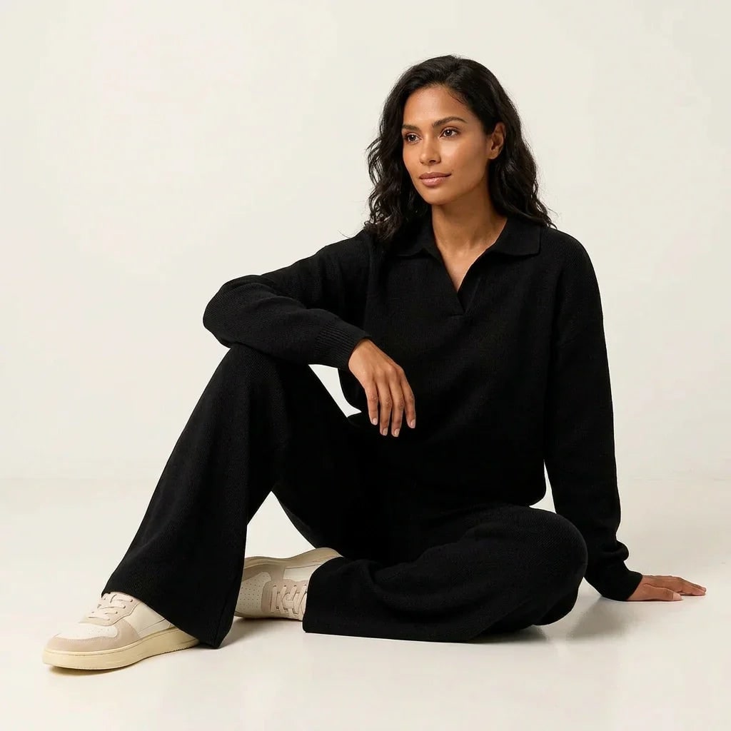 Women's Knit Loungewear Set with Polo Collar and Wide Leg Pants - Image 9