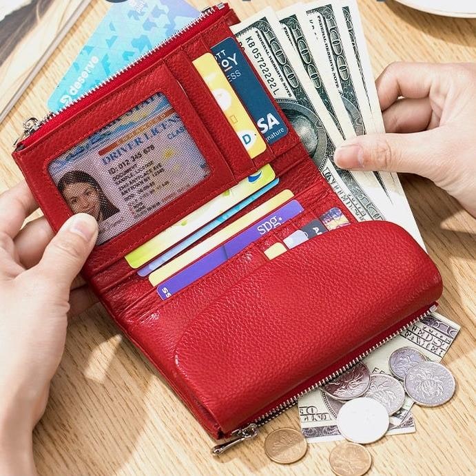 Women's Leather Bifold Wallet with Dual Zipper Pockets and Card Slots - Image 4