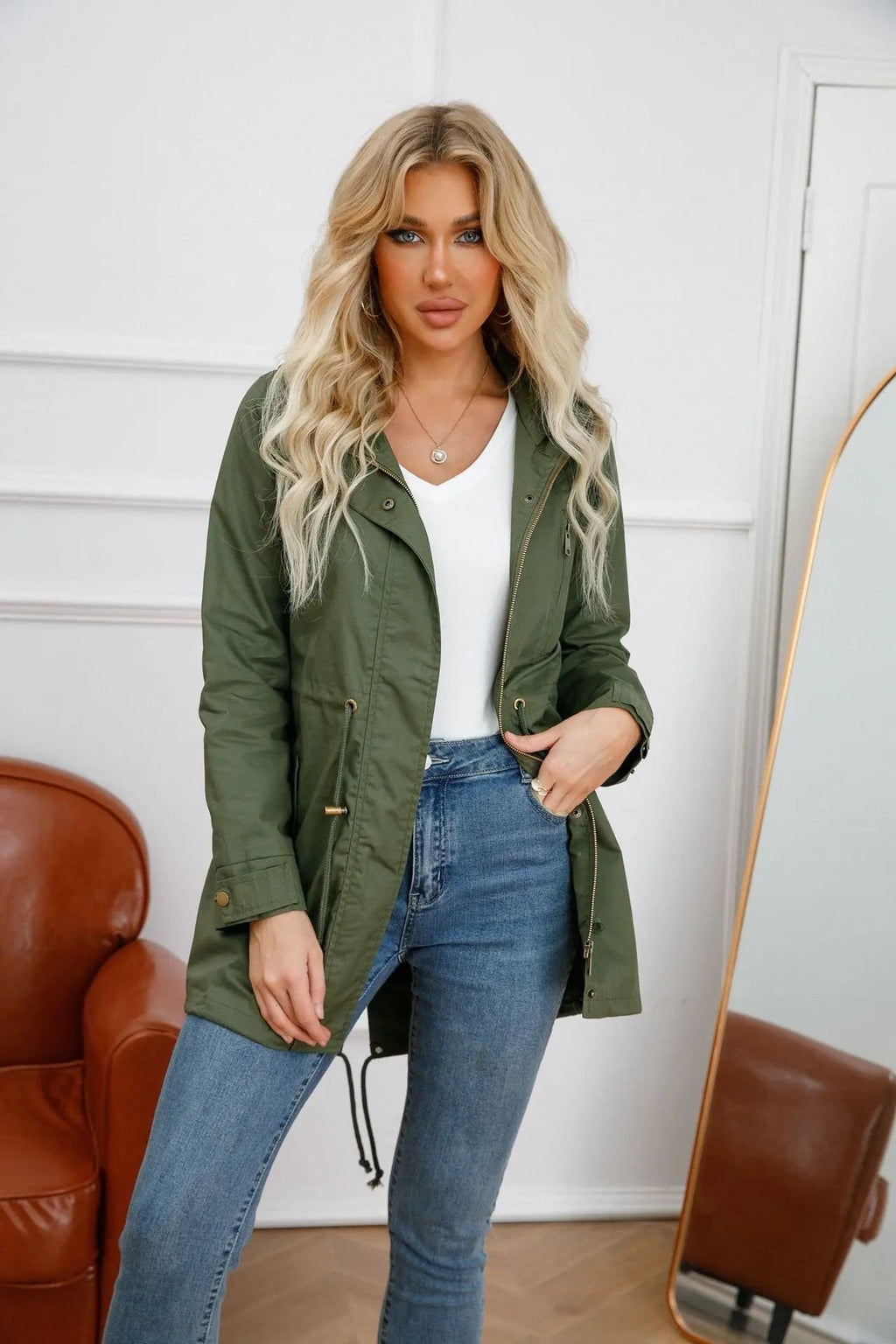 Women's Leather Utility Fleece Jacket with Drawstring Waist and Hood - Image 7