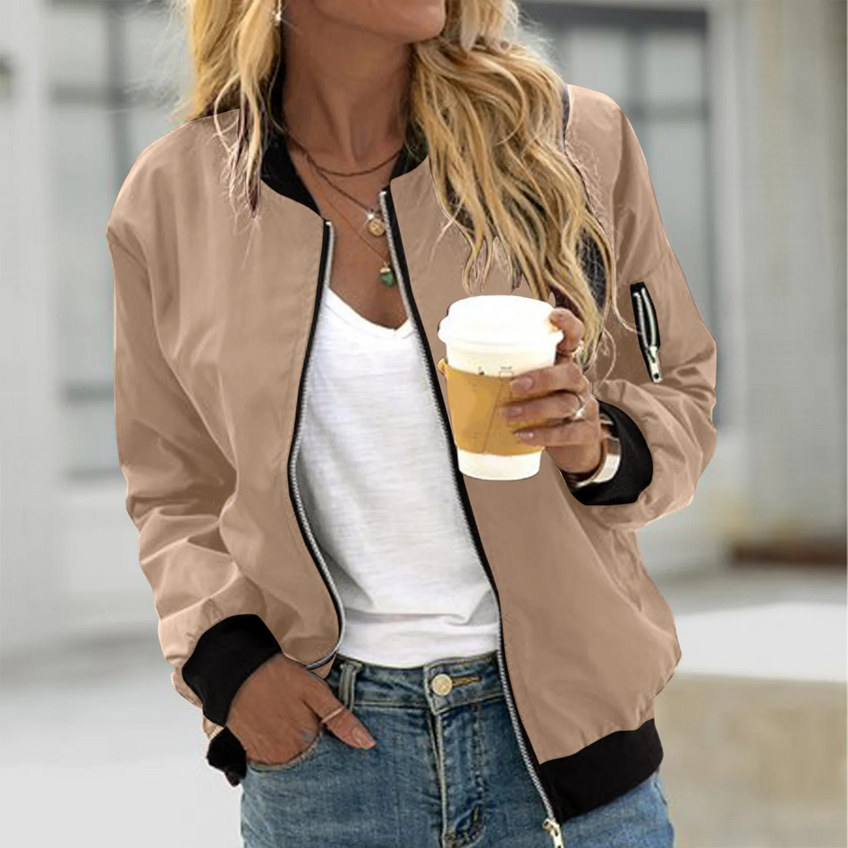 Women's Lightweight Bomber Jacket with Ribbed Knit Collar - Image 3
