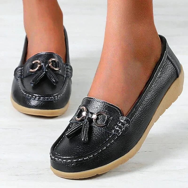 Womens Loafers Comfortable Slip Leather Pebbled Tassel Hardware - Image 7