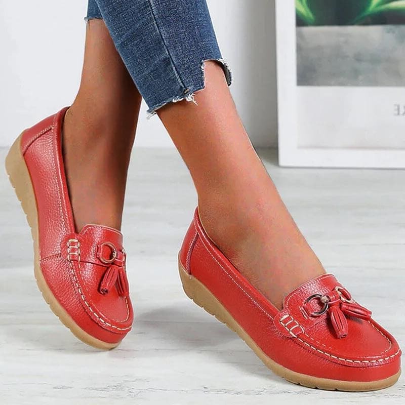 Womens Loafers Comfortable Slip Leather Pebbled Tassel Hardware - Image 9