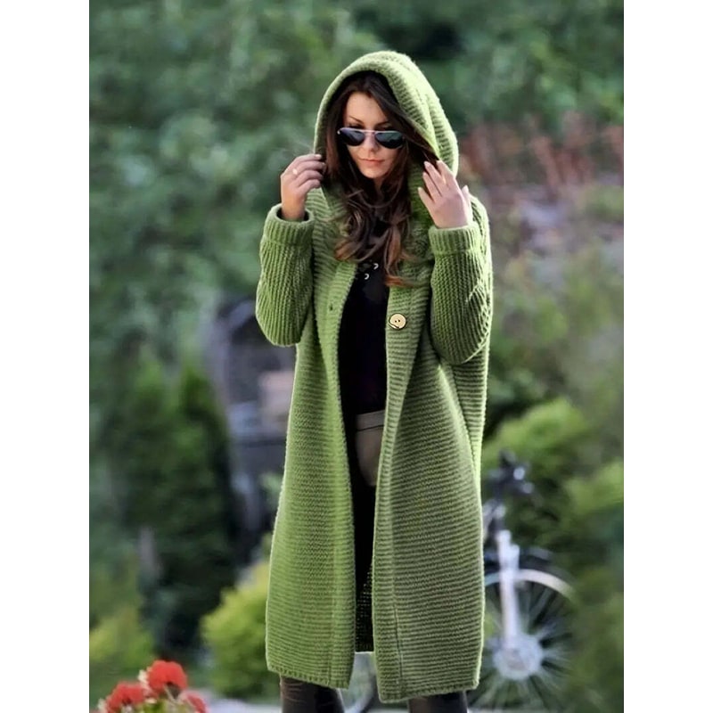 Women's Long Hooded Cardigan Sweater with Ribbed Knit and Button Front - Image 1