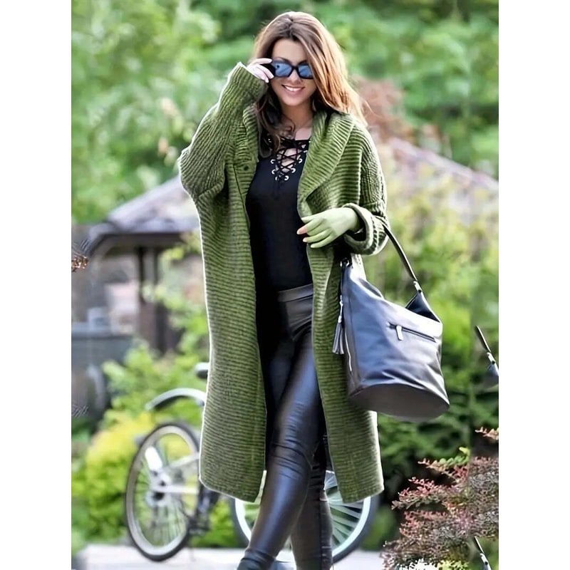 Women's Long Hooded Cardigan Sweater with Ribbed Knit and Button Front - Image 2
