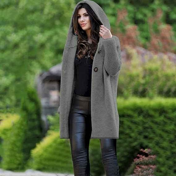 Women's Long Hooded Cardigan Sweater with Ribbed Knit and Button Front - Image 6
