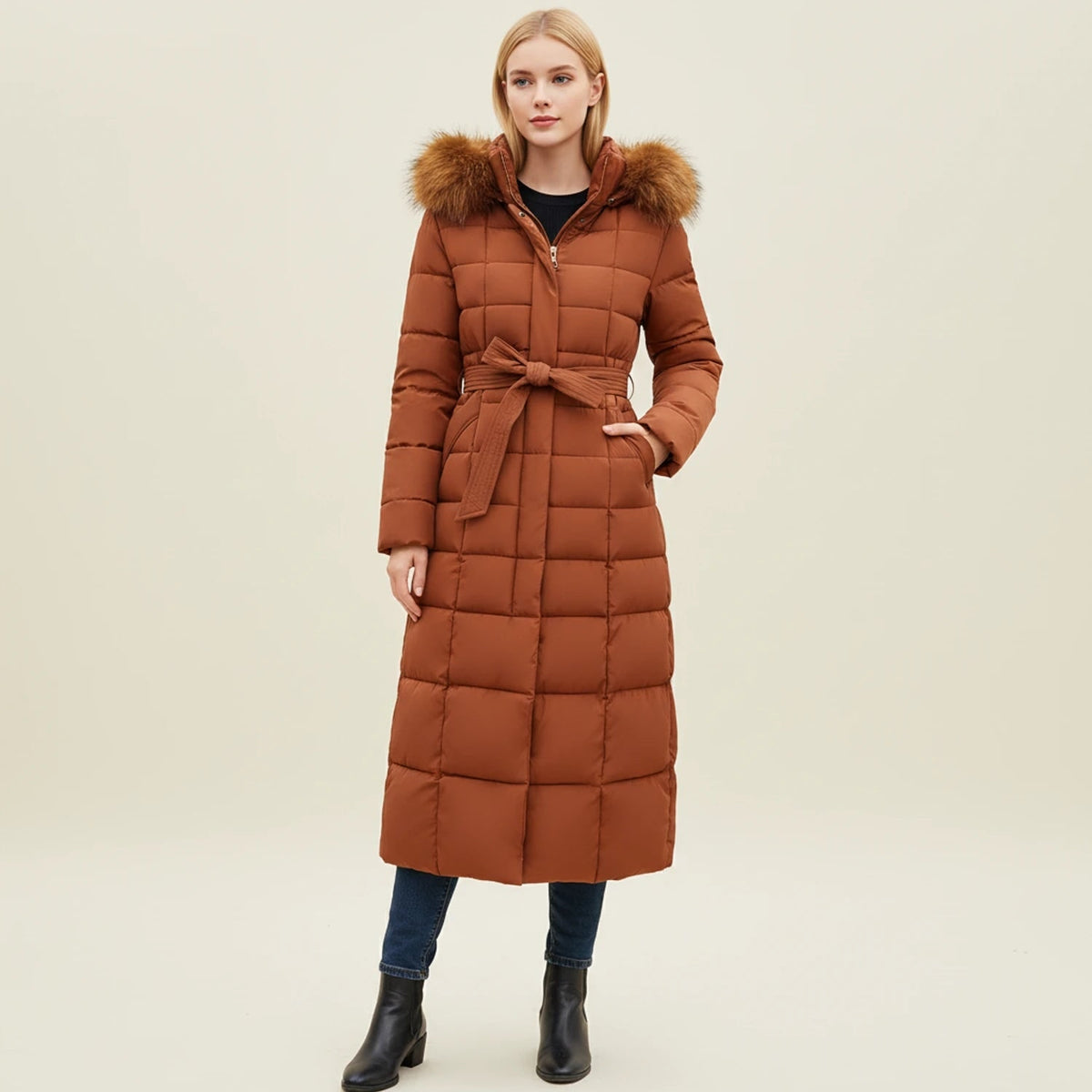 Women's Long Puffer Coat with Hooded Faux Fur Trim and Belted Waist - Image 1