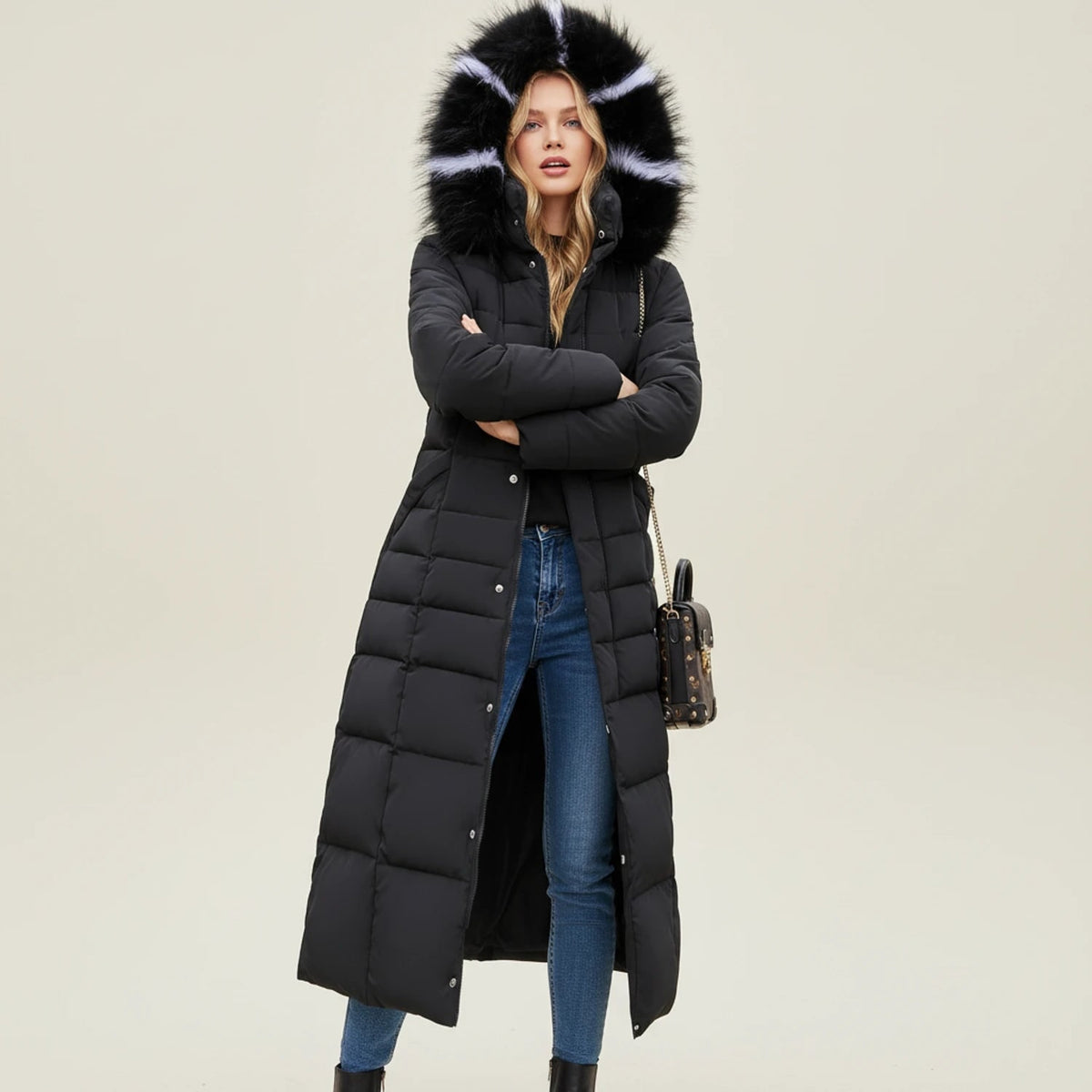 Women's Long Puffer Coat with Hooded Faux Fur Trim and Belted Waist - Image 2