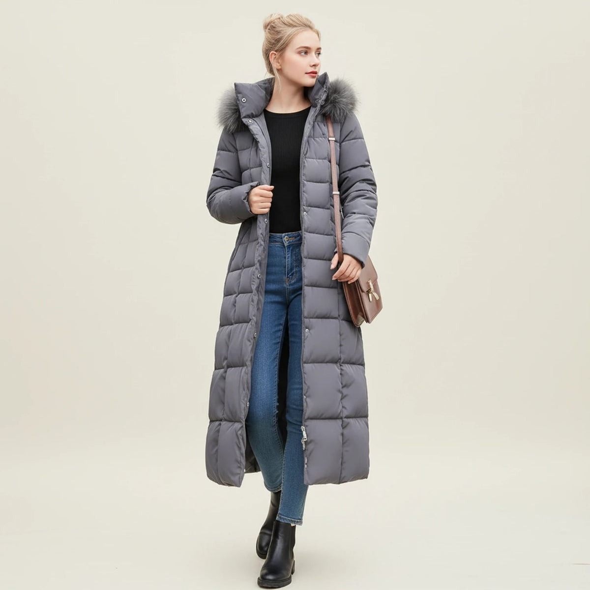 Women's Long Puffer Coat with Hooded Faux Fur Trim and Belted Waist - Image 3
