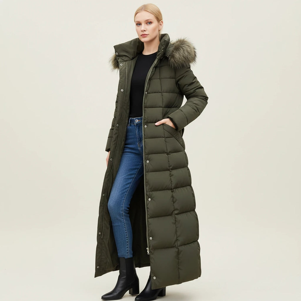 Women's Long Puffer Coat with Hooded Faux Fur Trim and Belted Waist - Image 4