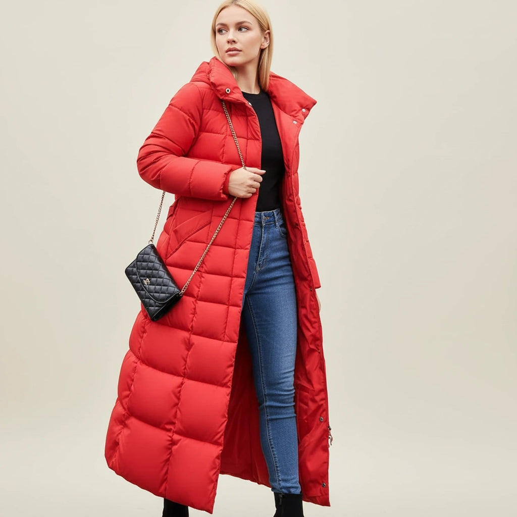 Women's Long Puffer Coat with Hooded Faux Fur Trim and Belted Waist - Image 5