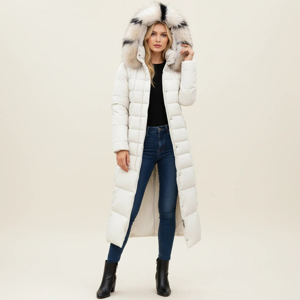 Women's Long Puffer Coat with Hooded Faux Fur Trim and Belted Waist - Image 6