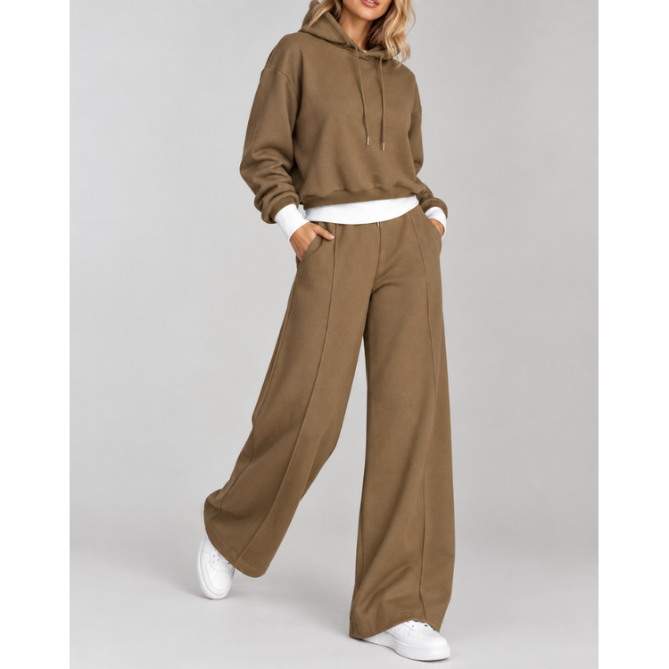 Women's Loungewear Set Cropped Hoodie and Wide Leg Sweatpants with Drawstring - Image 1