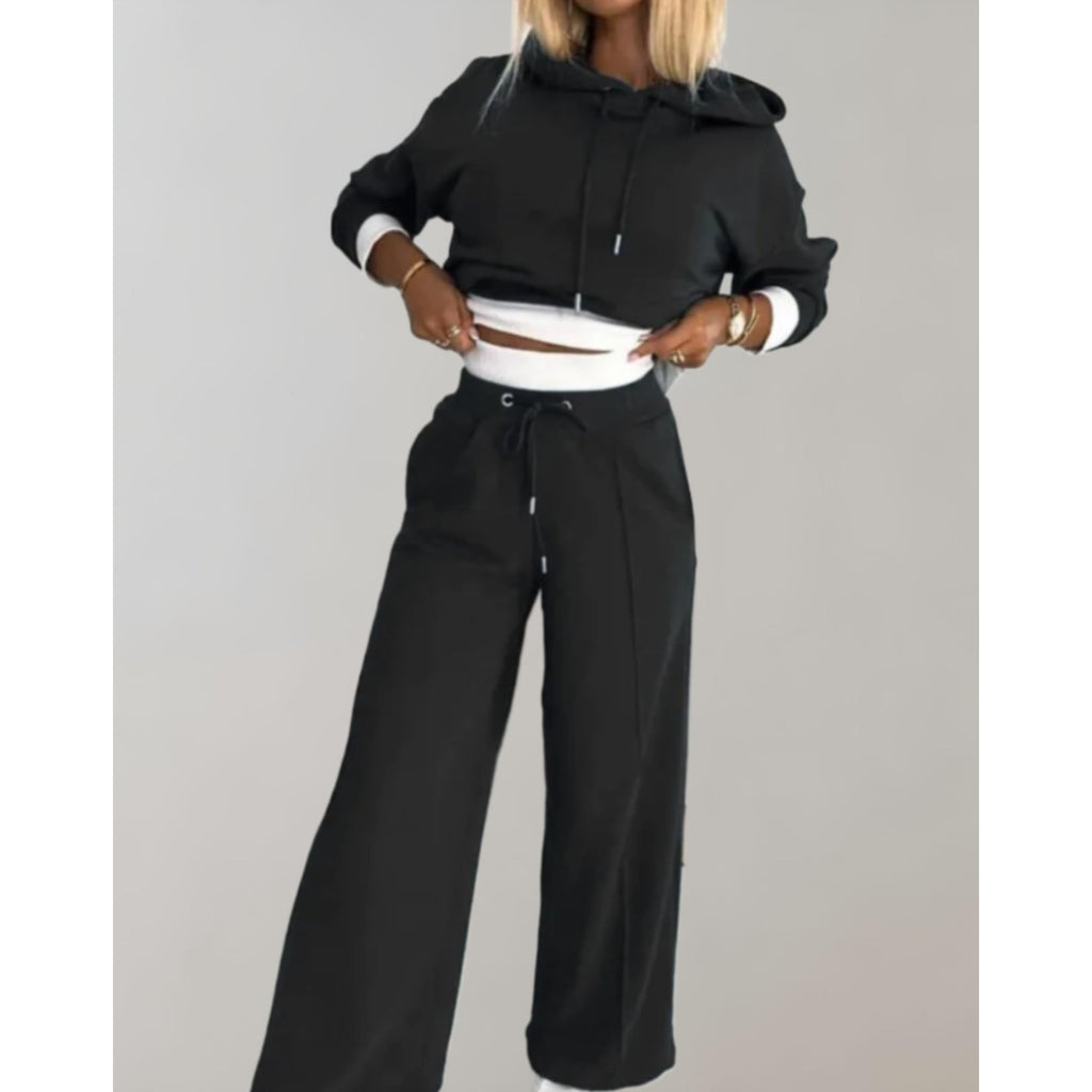 Women's Loungewear Set Cropped Hoodie and Wide Leg Sweatpants with Drawstring - Image 2
