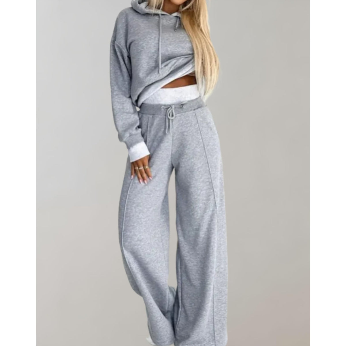 Women's Loungewear Set Cropped Hoodie and Wide Leg Sweatpants with Drawstring - Image 4