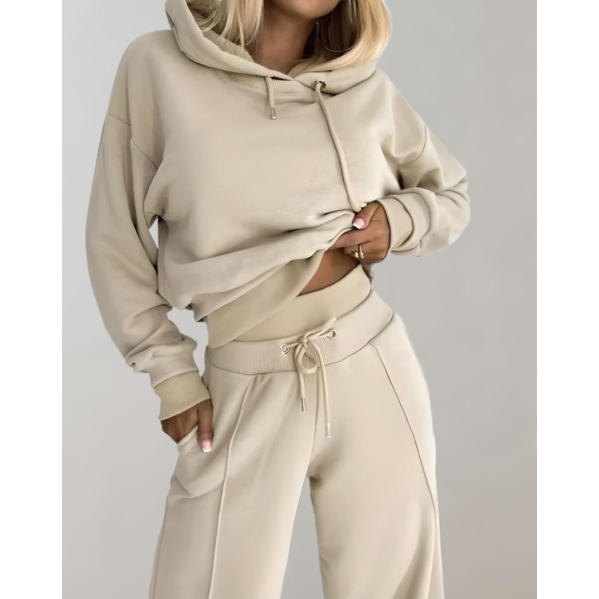 Women's Loungewear Set Cropped Hoodie and Wide Leg Sweatpants with Drawstring - Image 6