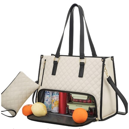 Women's Lunch Tote Bag with Insulated Compartment Quilted Leather Purse and Matching Wristlet with Zipper - Image 1