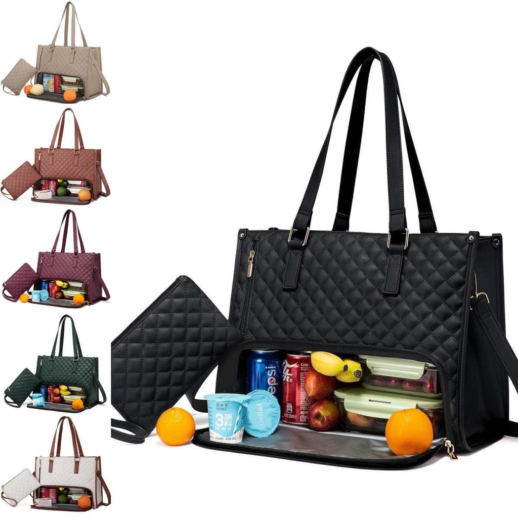 Women's Lunch Tote Bag with Insulated Compartment Quilted Leather Purse and Matching Wristlet with Zipper - Image 12
