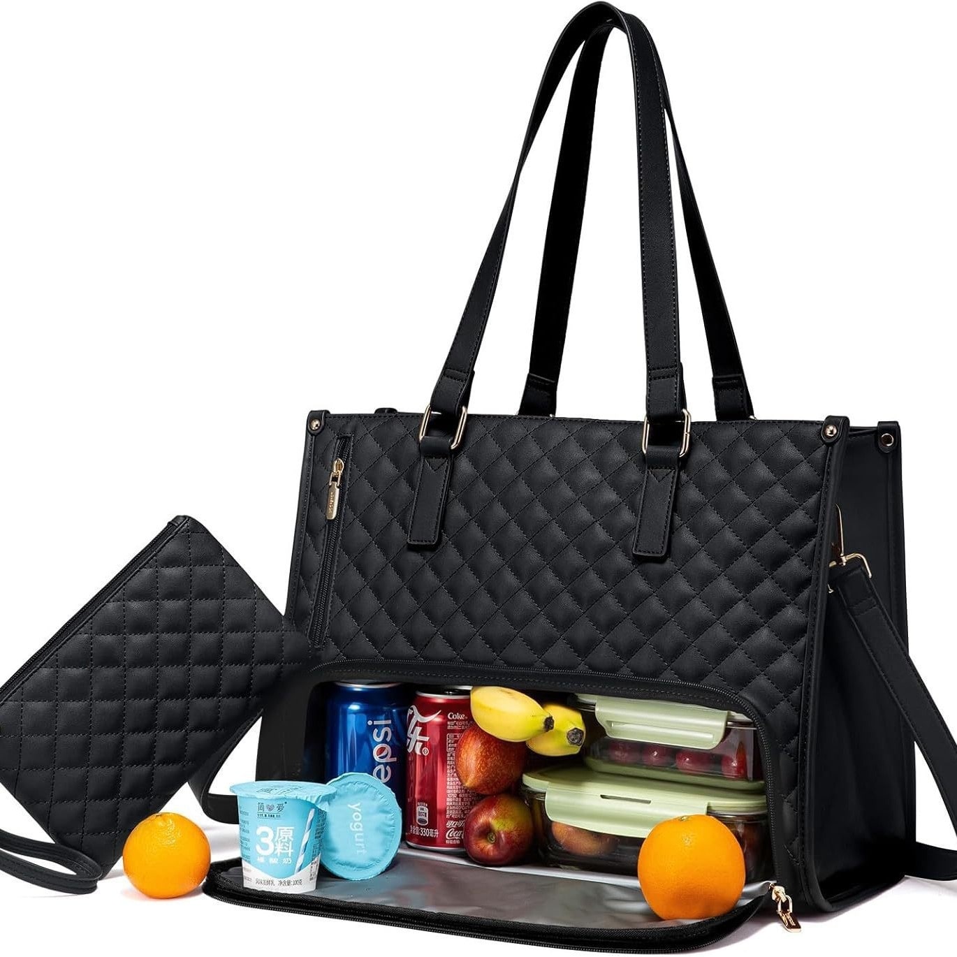 Women's Lunch Tote Bag with Insulated Compartment Quilted Leather Purse and Matching Wristlet with Zipper - Image 2