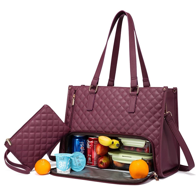 Women's Lunch Tote Bag with Insulated Compartment Quilted Leather Purse and Matching Wristlet with Zipper - Image 4