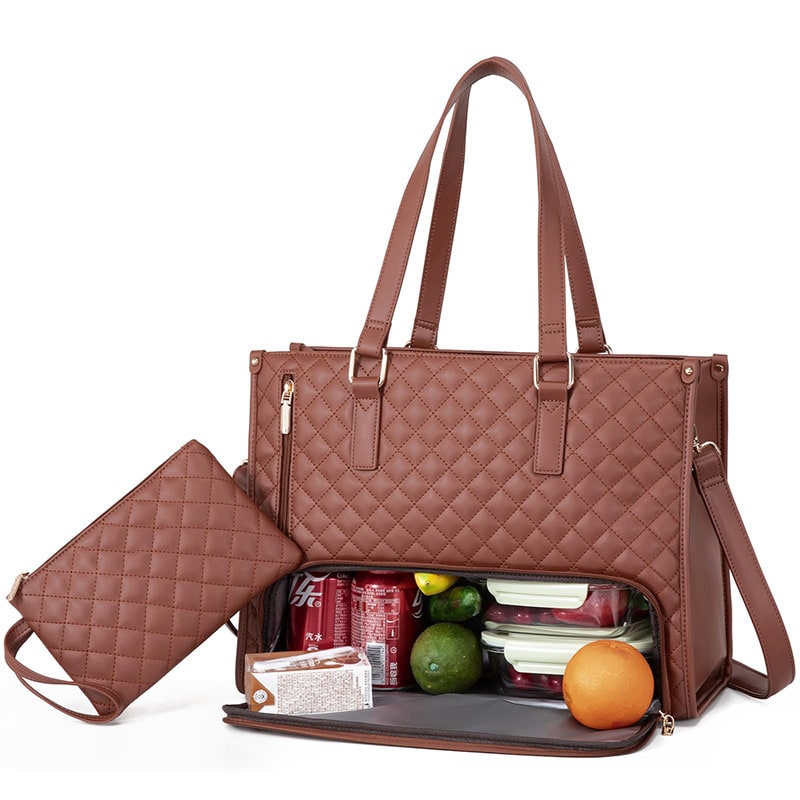 Women's Lunch Tote Bag with Insulated Compartment Quilted Leather Purse and Matching Wristlet with Zipper - Image 5
