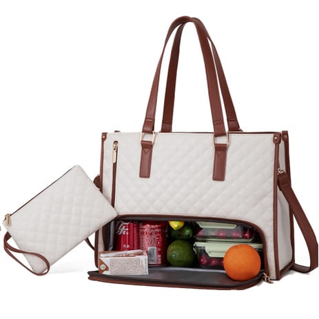 Women's Lunch Tote Bag with Insulated Compartment Quilted Leather Purse and Matching Wristlet with Zipper - Image 7