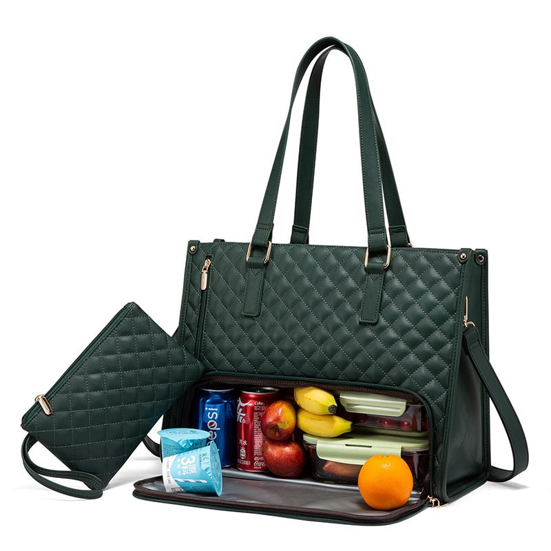 Women's Lunch Tote Bag with Insulated Compartment Quilted Leather Purse and Matching Wristlet with Zipper - Image 8
