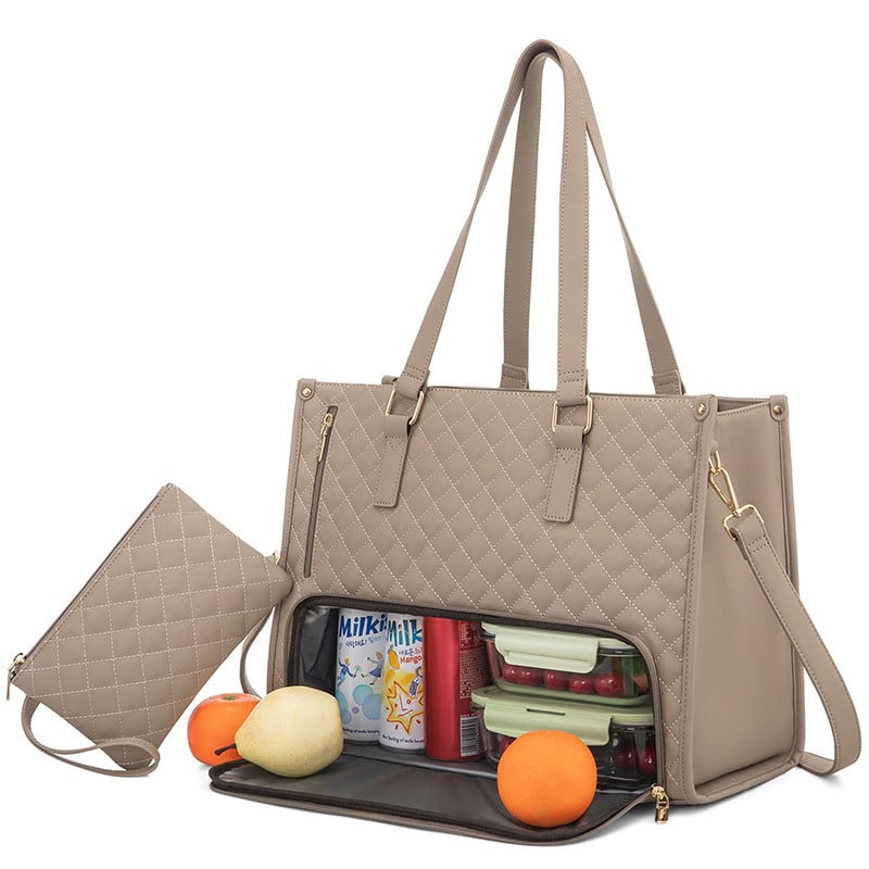 Women's Lunch Tote Bag with Insulated Compartment Quilted Leather Purse and Matching Wristlet with Zipper - Image 9